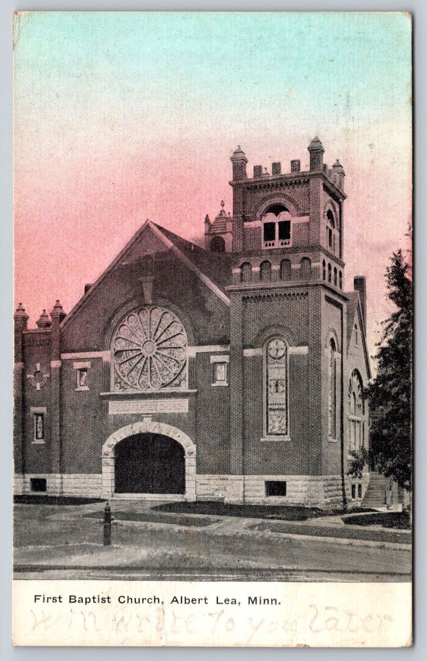 Antique Albert Lea Minnesota First Baptist Church Tinted Litho Postcard 1910s MN